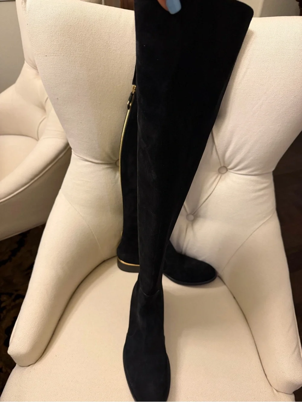 Louis Vuitton Black Suede Over-the-Knee Boots with Gold Zip Accent